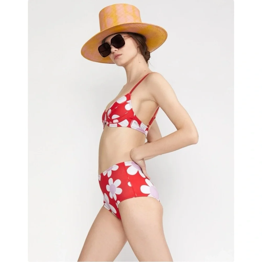 Cynthia Rowley Liv Daisy Neoprene Bikini Bottom - Red Floral Swimsuit Bottoms - Picture 5 of 12